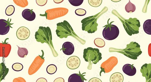 A vibrant and colorful seamless pattern of fresh, healthy vegetables including eggplants, carrots, bell peppers, leafy greens, and broccoli.
