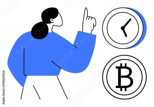 Woman gestures towards icons of a clock and Bitcoin, symbolizing time management, cryptocurrency trends, investment, and blockchain innovation. Ideal for finance, technology, strategy, planning