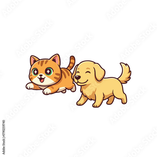 Cute cartoon cat and dog best friends playing together