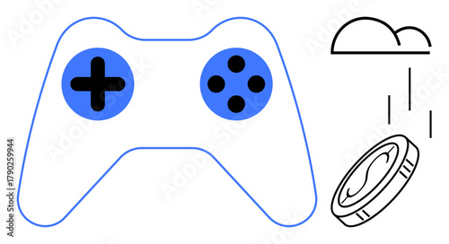 Game controller with blue accents, coin dropping near a cloud icon. Ideal for gaming, virtual rewards, esports, online gaming platforms, gamification, digital trends tech innovation. Simple flat
