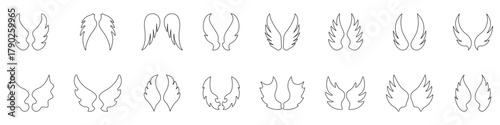 Wing Outline Variations Line Icon Set. Collection Of Hand-Drawn Wing Shapes. Flight, Lightness, Fantasy And Spiritual Concepts. Editable Stroke. Isolated Vector Illustration