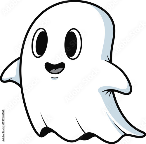 A friendly, round cartoon ghost character happily floating, with large, simple eyes and a small, cheerful smile, rendered with subtle gray shading.