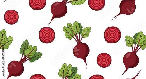 Vibrant, hand-drawn pattern featuring fresh red beets with green foliage and circular beet slices scattered across a clean white backdrop.