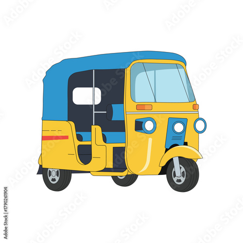 Yellow and blue auto rickshaw illustration on white background