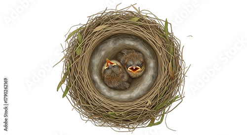 Two baby birds in a nest with open beaks isolated on transparent background