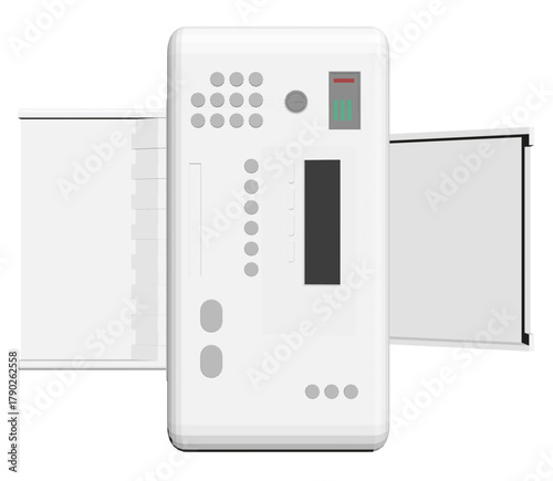 Polygonal desktop printer on white surface with paper emerging from output tray, featuring animated design and modern technological aesthetic in top view.