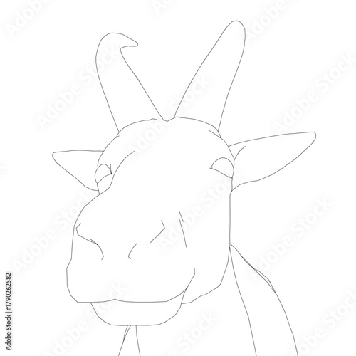 Mountain goat contour drawing with long curved horns, alert wide eyes, and perked ears on a clean white background.