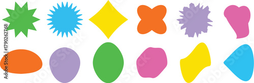 Collection of colorful abstract geometric shapes and forms vibrant assortment of abstract, colorful shapes and forms arranged in two rows against a white background.