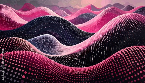 Abstract art featuring dotted pink and dark blue waves creates a dreamy landscape scene