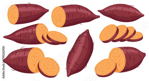 Various whole and sliced sweet potatoes, showcasing their rich purple skin and bright orange flesh on a clean white background.