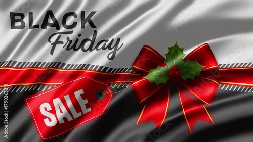 Black Friday sale ribbon bow animation on silky fabric background.