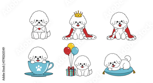 Cute cartoon white fluffy dog illustrations in various poses, including a king, in a cup, with a gift, and a love letter.