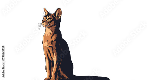 Stylized illustration of an elegant Abyssinian cat with a rich brown coat, sitting gracefully and looking intently to the left against a white background.