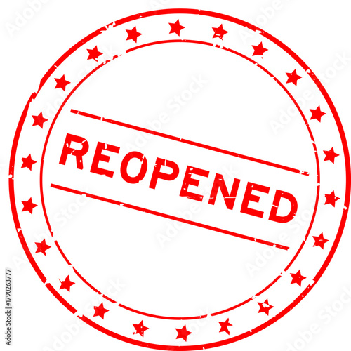 Grunge red reopened word round rubber seal stamp on white background
