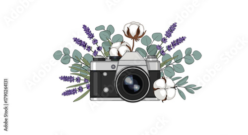 An illustration of a retro film camera nestled among blooming lavender, fresh eucalyptus leaves, and soft cotton blossoms.