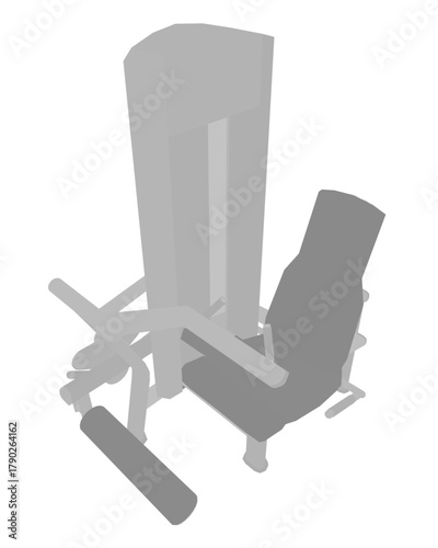 A sleek modern chair with curved backrest and armrests stands beside a sturdy pillar. A seated leg curl trainer exerciser appears in this animated black and white drawing.