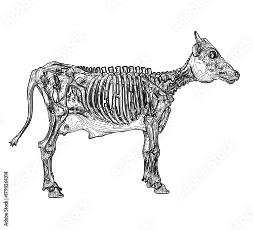 Zombie cow skeleton in terrifying black and white contour drawing against a stark white background. This detailed anatomical illustration creates a haunting and surreal artistic composition.