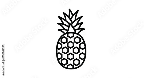A stylish black and white line art illustration of a pineapple, capturing its distinctive hexagonal skin and spiky leafy crown in a clean design.