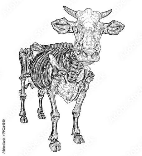 Zombie cow skeleton contour drawing in black and white on a plain background. This terrifying illustration is designed for a unique artistic experience.