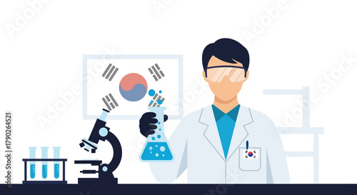 South Korean Scientist in Lab Conducting Research with Microscope and Beaker Experiment