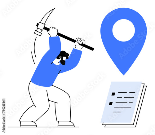 Worker with pickaxe mining data under large map pin representation beside a document list. Ideal for data mining, geolocation insights, resource extraction, analytics, innovation, exploration, simple