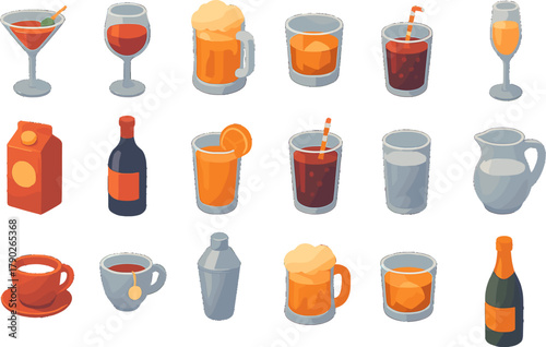 Mixed Beverage and Drink Containers Icon Set