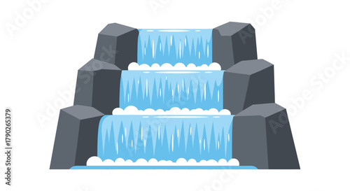 Stylized cascading waterfall vector illustration with rocky outcrops scenery design