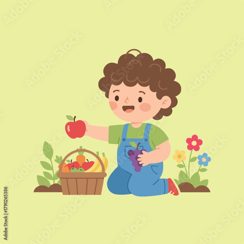 A young boy in overalls kneels next to a basket of fruit and a flower patch, presenting a red apple with a cheerful expression.