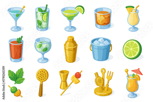 Colorful Cocktail Drinks and Bar Tools Icon Set