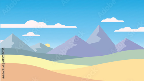 Stylized desert mountain landscape illustration with a clear blue sky and fluffy clouds, depicting a peaceful and serene natural environment in a minimalist vector art style