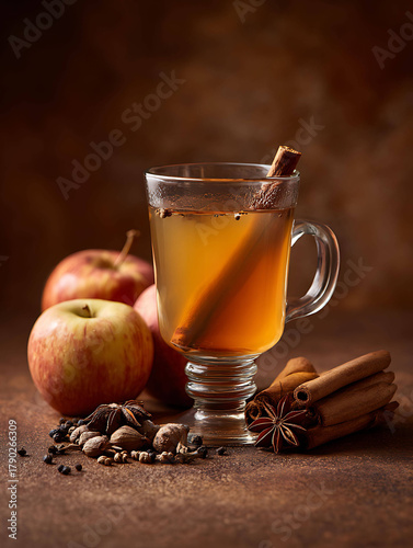 Glass of apple cider with spices on solid warm brown background