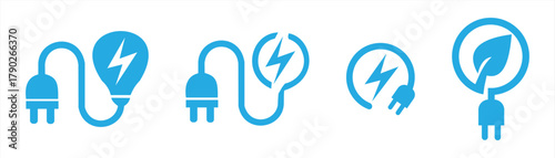 Set of eco-friendly button icons, blue energy lightning sign, vector on background