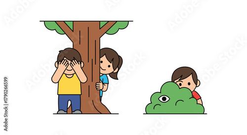 Cheerful Children Playing Hide and Seek Outdoors During Summer Season Vector Illustration
