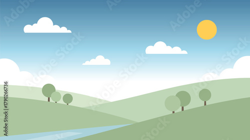 Vector illustration of a serene countryside landscape with rolling green hills, a peaceful river, and a bright sun on a clear day