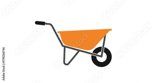 Simple illustration of an orange wheelbarrow on a white background in a minimalist style