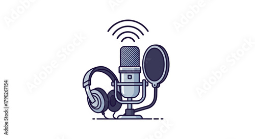 Studio microphone setup with headphones and pop filter for professional audio recording