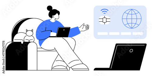 Woman sitting on a couch with laptop, cat beside her. Digital interface shows global connection data. Ideal for remote work, technology, communication, collaboration, networking, freelancing virtual