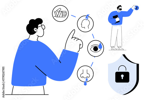 Person pointing at icons for senses thumbs up sight and touch, depicting secure decision-making and awareness. Ideal for safety, perception, decision-making, data security, awareness, privacy, simple