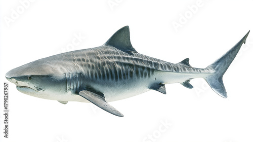 A full body shot of a tiger shark swimming with its mouth closed on white background