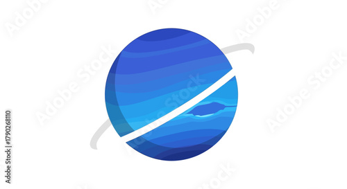 Flat design illustration featuring an orbiting planet with varied shades of blue against white