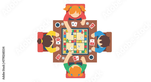 Illustration depicting family engaged in a classic board game at a square table during leisure time
