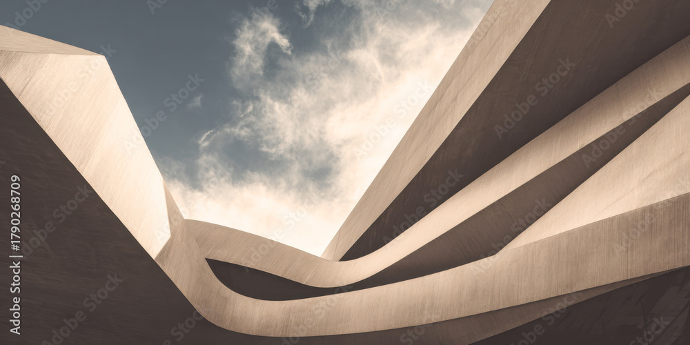 Fototapeta premium Architectural abstraction with dynamic shapes under daylight in a modern setting