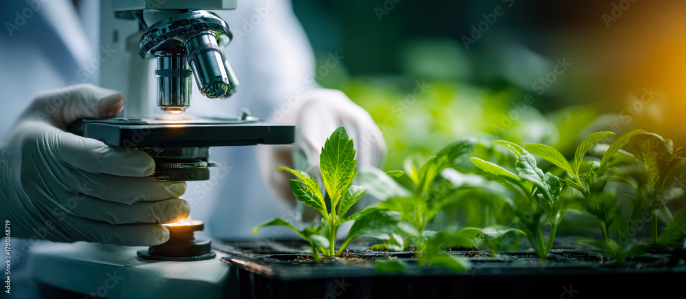 Naklejka premium Biotechnology researcher studies plant growth with microscope in eco-friendly laboratory