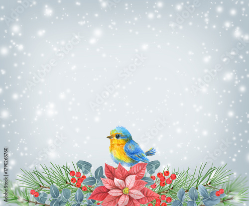 Christmas card with bird on branch with poinsettia, greenery, spruce, pine tree twig and holly berries against background of snowfall. New Year card with snowflakes.