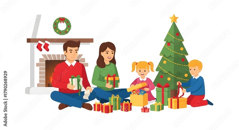 Naklejka premium Family celebrating Christmas by the fireplace with gifts and tree 