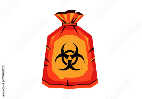 Biohazard waste bag in red with warning symbol on yellow background  