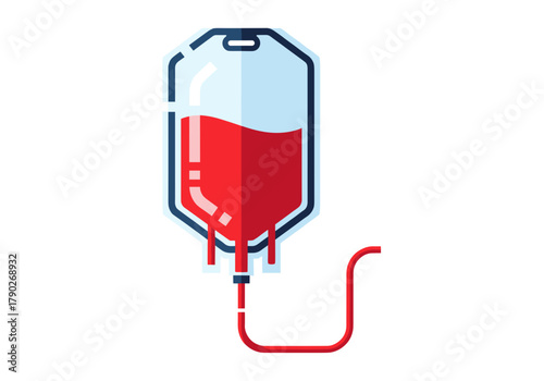 Blood donation bag with red liquid and tubing on white background  