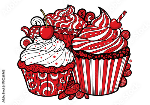Colorful cupcakes with red frosting and cherry toppings in playful design  