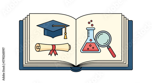 Open book illustration showcasing academic achievements and scientific exploration elements