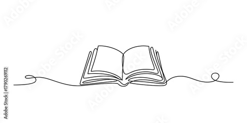 Open book depicted with a single continuous line art, representing knowledge, education, learning, and the journey of literature, minimalist vector graphic. Vector